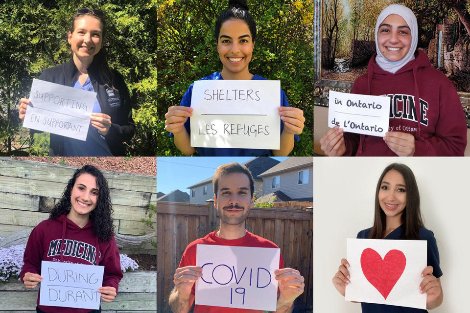 Six étudiants brandissant des pancartes disant «Soutenir les refuges en Ontario pendant COVID -19»