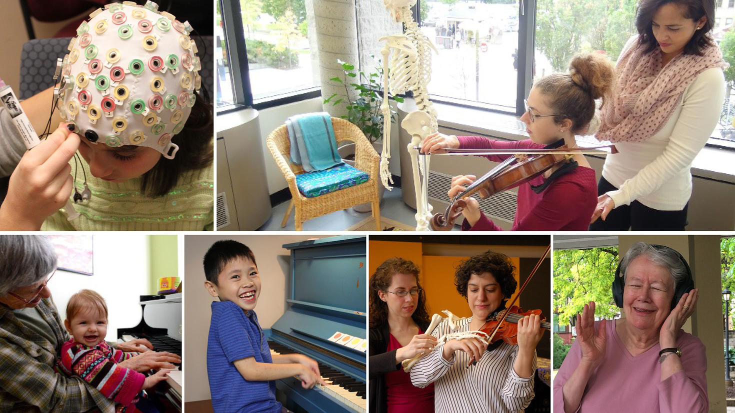 Un collage montrant les bienfaits de la musique et de la musicothérapie sur la santé physique, sensorielle, cognitive et mentale