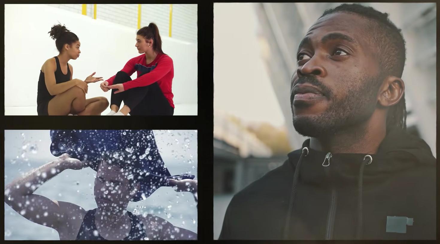 trois photos : 1. deux femmes en tenue de sport qui discutent, 2. un homme qui s'entraîne sous l'eau. 3. homme en tenue de sport regardant vers le haut