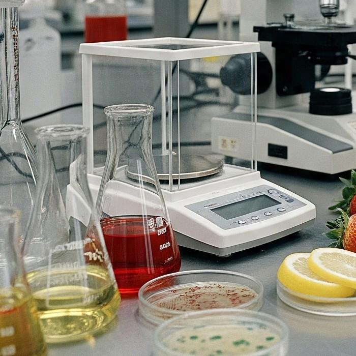 Une paillasse de laboratoire scientifique avec des flacons, une balance et des boîtes de Pétri.