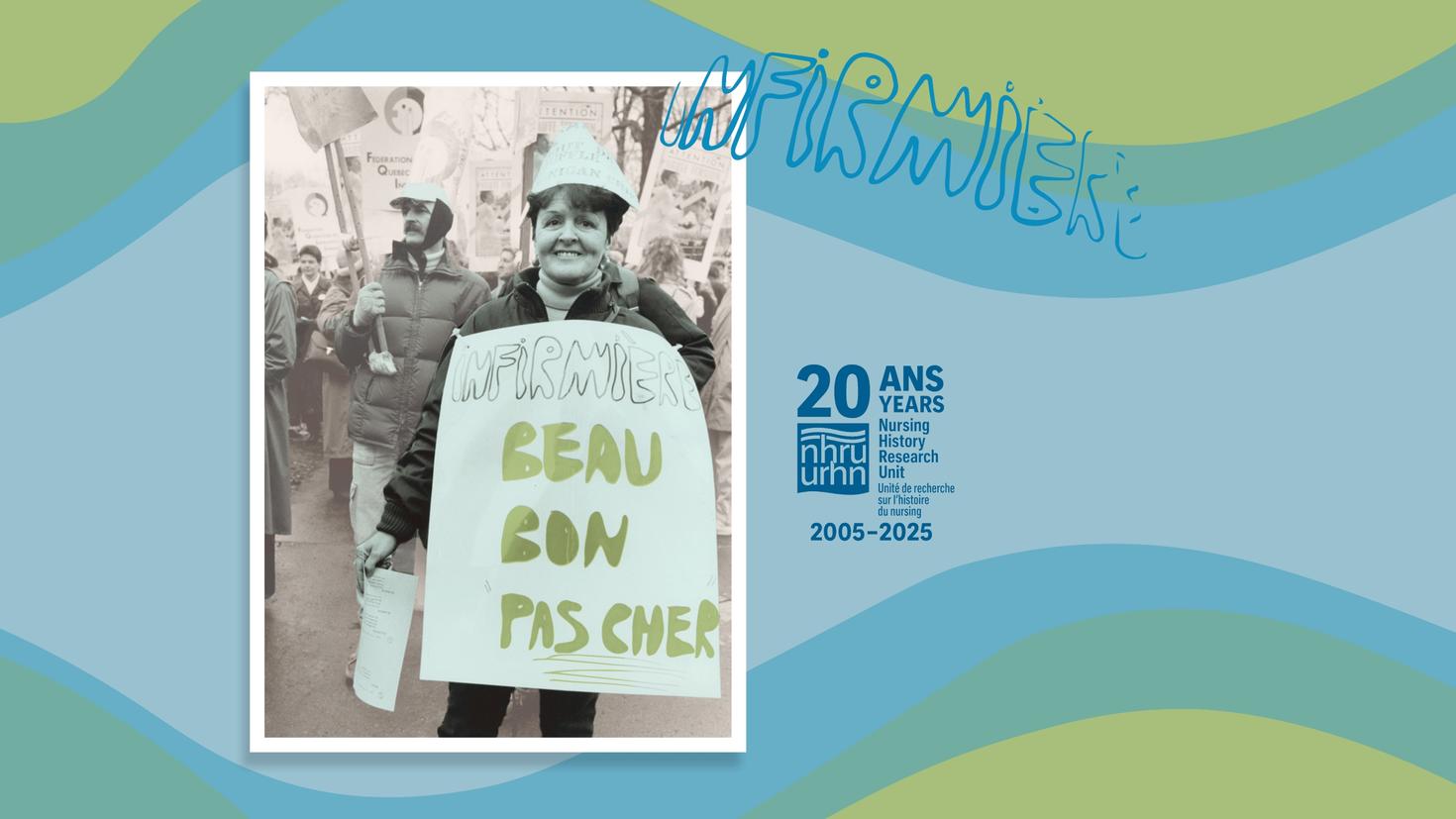 Visuel du forum infirmier CRCCF et URHN, avec photo d'archive et logo sur fond bleu et vert.