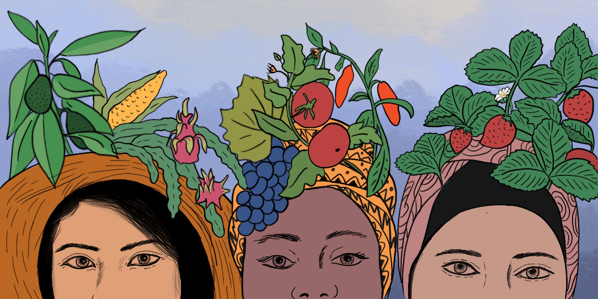 Illustration de 3 femmes avec des plantes de légumes et fruits sur leurs têtes 