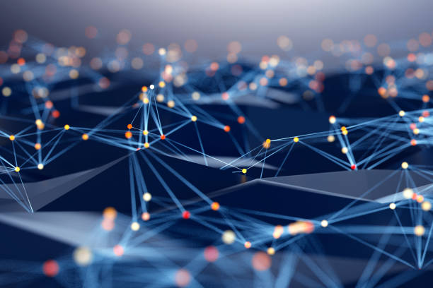 Visualisation d'un réseau numérique avec des nœuds et des lignes interconnectés, avec des points lumineux de différentes couleurs sur un fond géométrique bleu foncé.