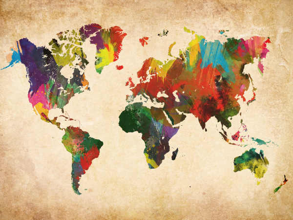 Illustration d'une carte du monde. Chaque pays est d'une couleur différente.