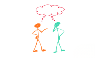 Deux bonhommes allumettes, l'un orange et l'autre vert, partageant une bulle de pensée rouge.