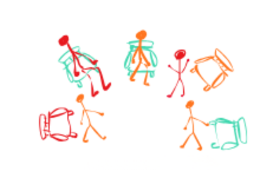 Cinq bonhommes allumettes et des chaises. Trois sont debout et deux sont assis.