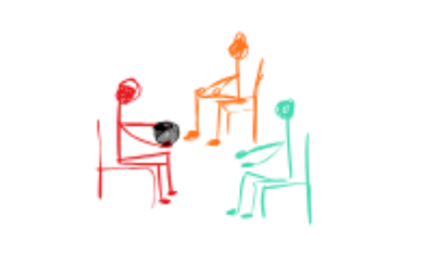 Trois bonhommes allumettes assis ensemble sur des chaises. L'un d'eux tient un ballon.