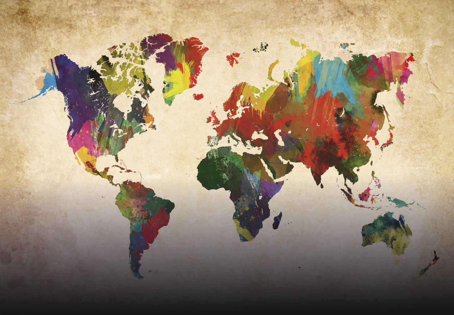 Une illustration de la planète avec tous les continents couverts de peinture et de motifs colorés.