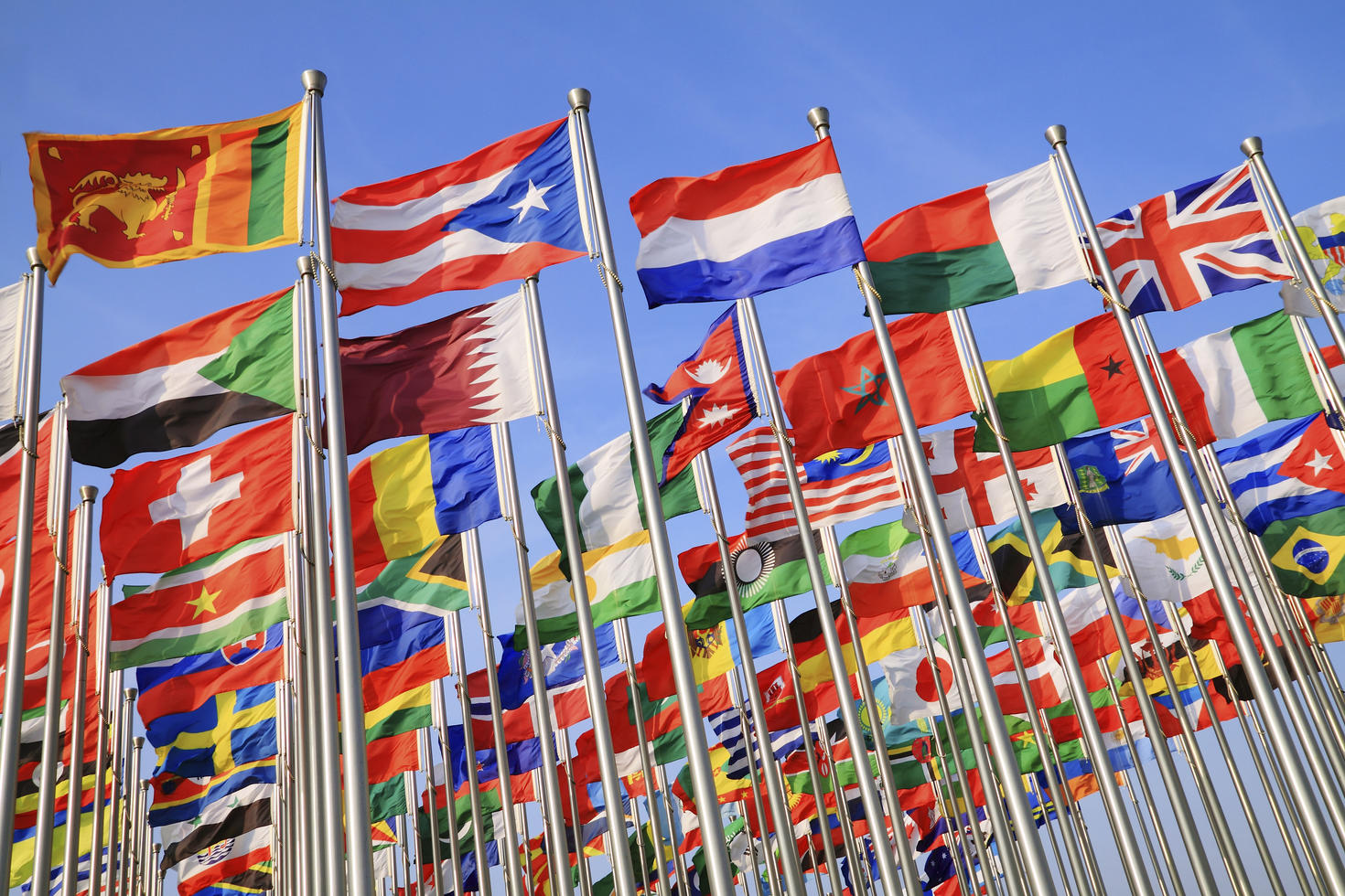 Drapeaux nationaux du monde entier flottant au vent sur leurs mâts