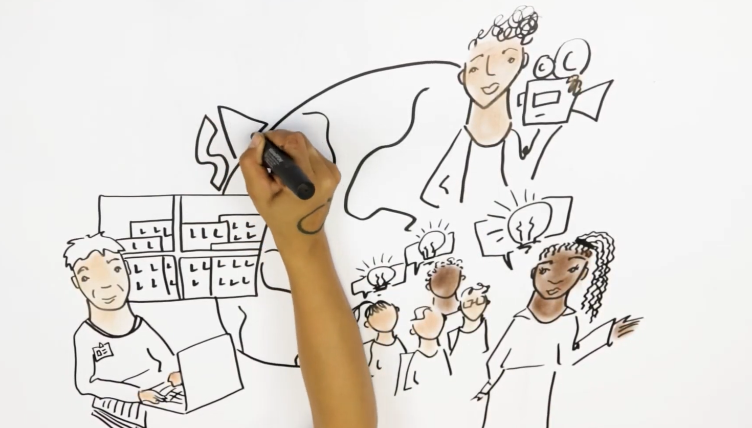 Une personne dessine des personnes autour d'un globe sur un tableau blanc.