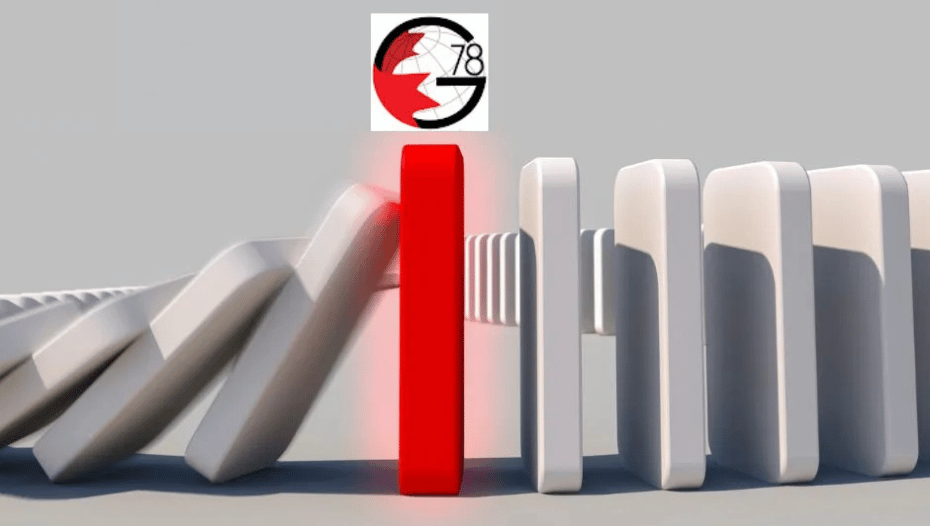 logo du Groupe des 78 et des dominos qui commencent a tombé mais arrêtent contre un domino rouge