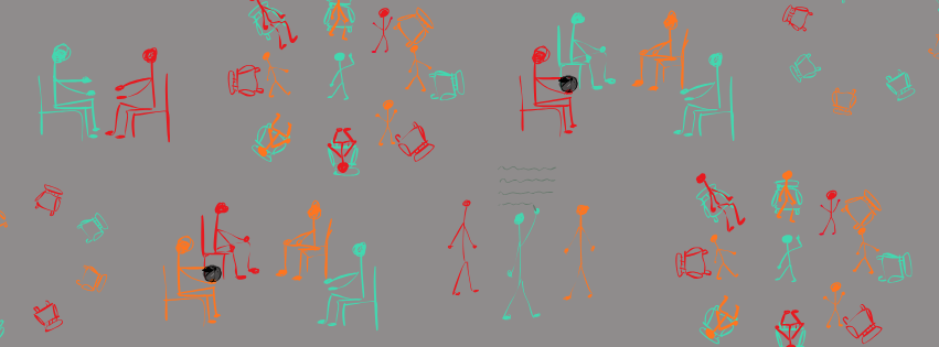 Divers personnages schématiques dessinés à la main, en rouge, vert et orange. Beaucoup sont assis sur des chaises, face à face. Quelques-uns sont debout. L'un d'entre eux est en train d'écrire.