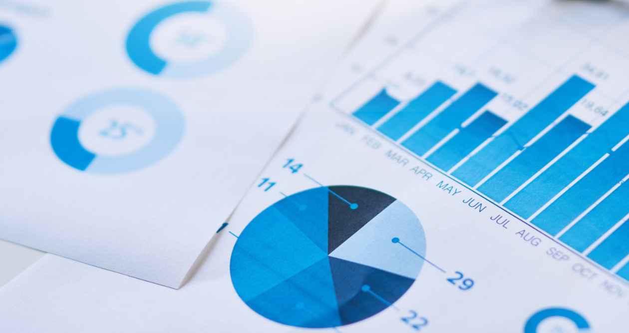 Des graphiques bleus, tels que des diagrammes circulaires et des diagrammes à barres comportant des chiffres et des mois.