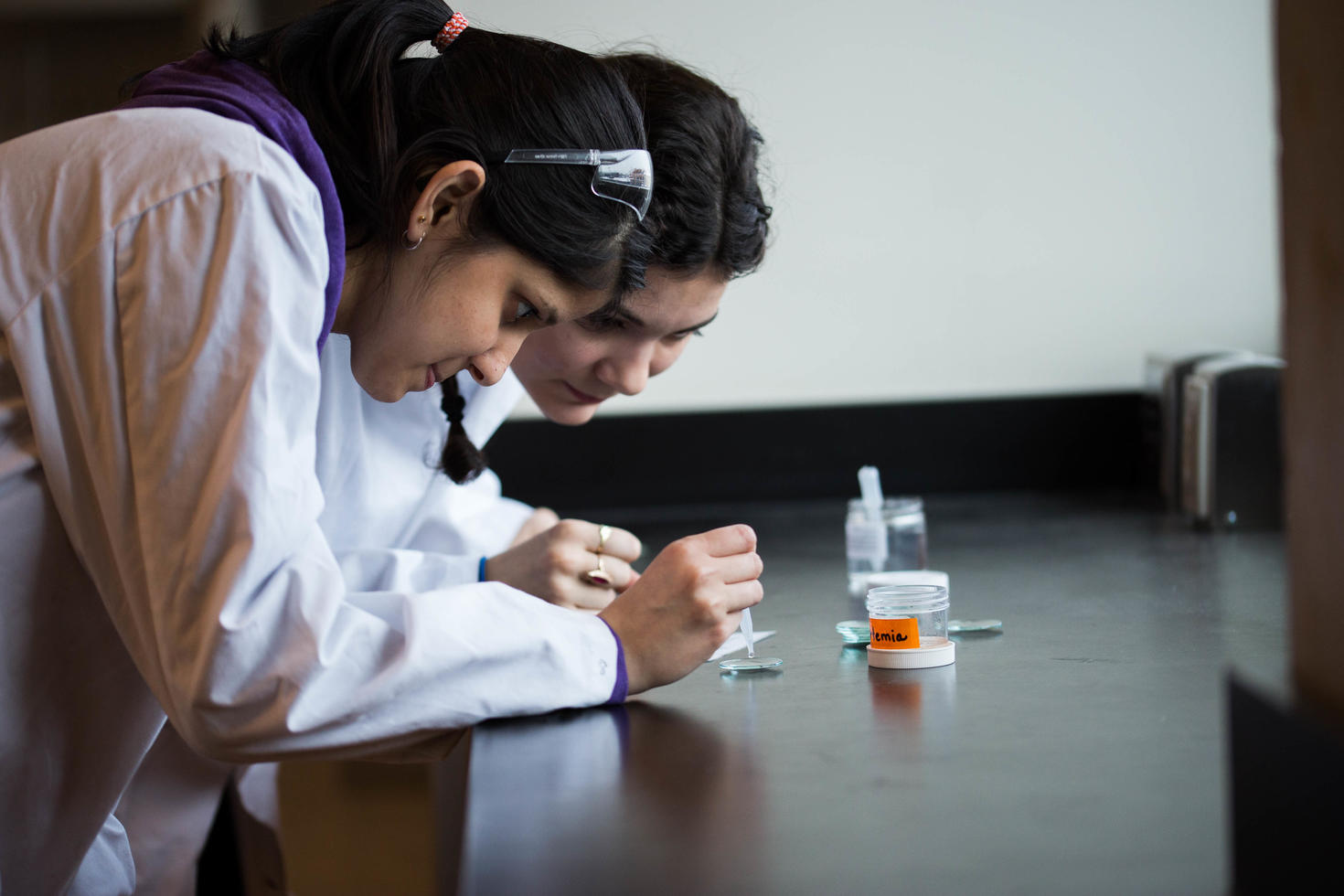 Deux étudiantes réalisant une expérience dans un laboratoire de biologie