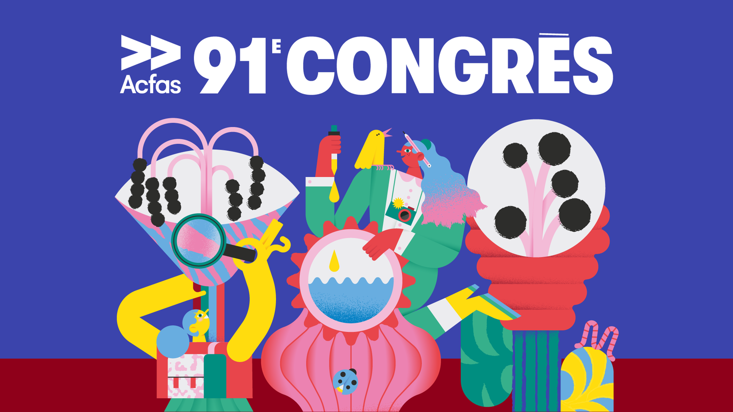 Illustration en couleurs vives de personnages prenant soin de fleurs exotiques géantes avec logo du 91e Congrès annuel de l'Acfas