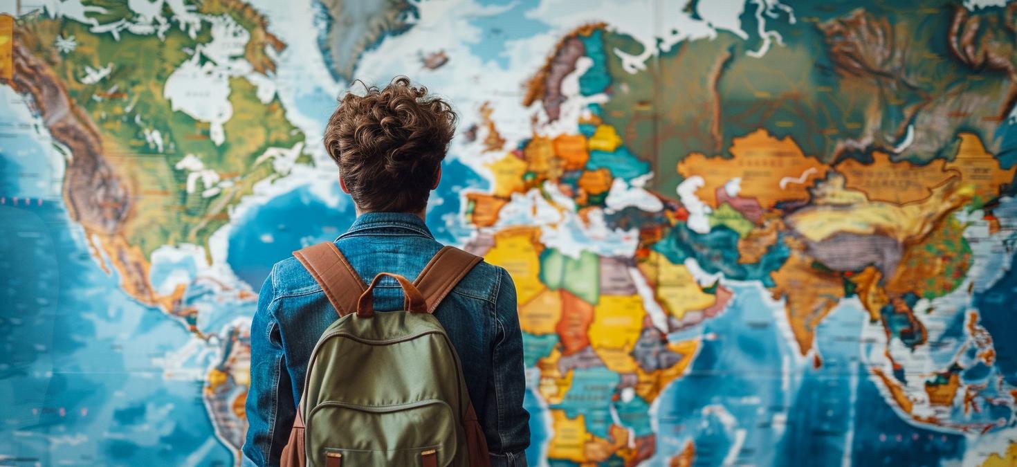 Élève avec un sac à dos regardant une carte du monde