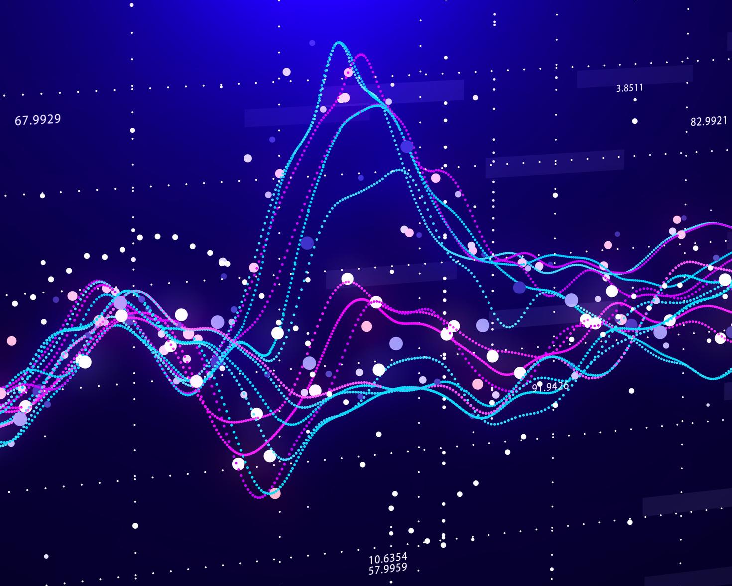  Visualisation abstraite de données illustrant une analyse statistique à l'aide de multiples courbes de tendance colorées et de points de données dispersés sur un fond quadrillé bleu foncé.