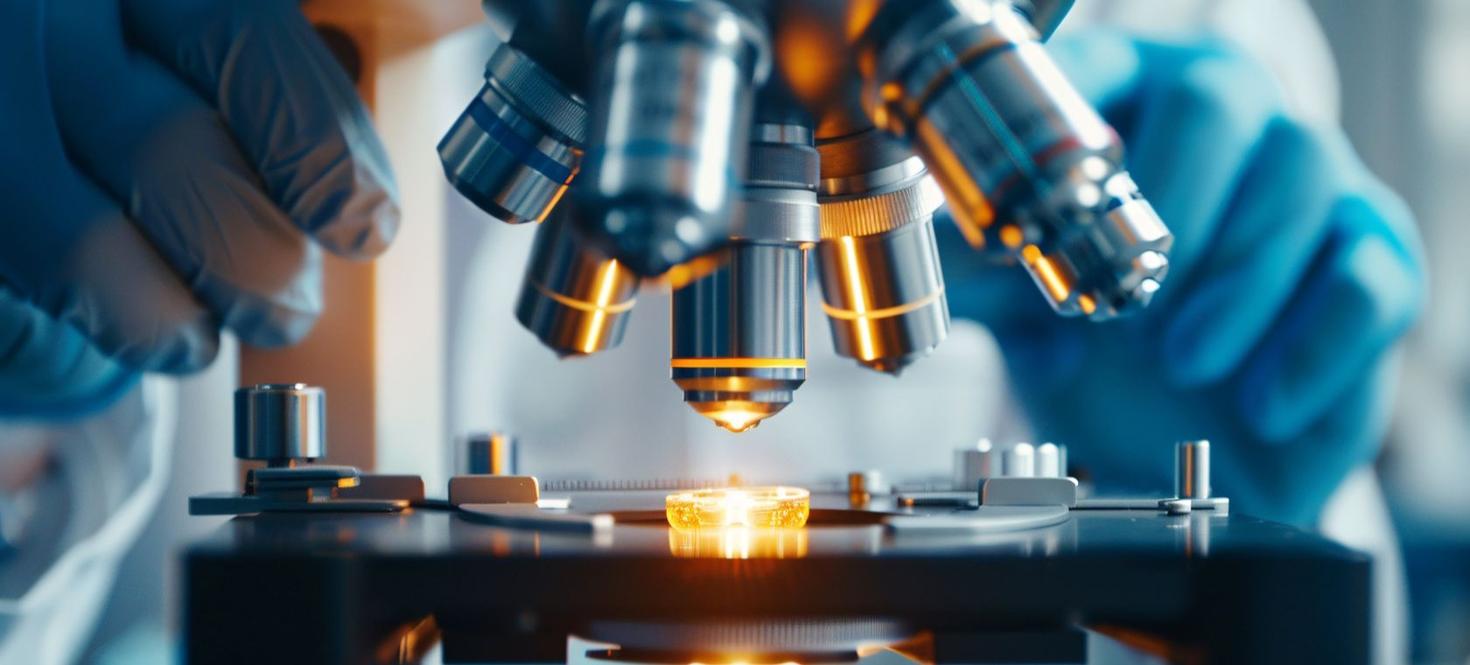 Gros plan sur des mains et un microscope