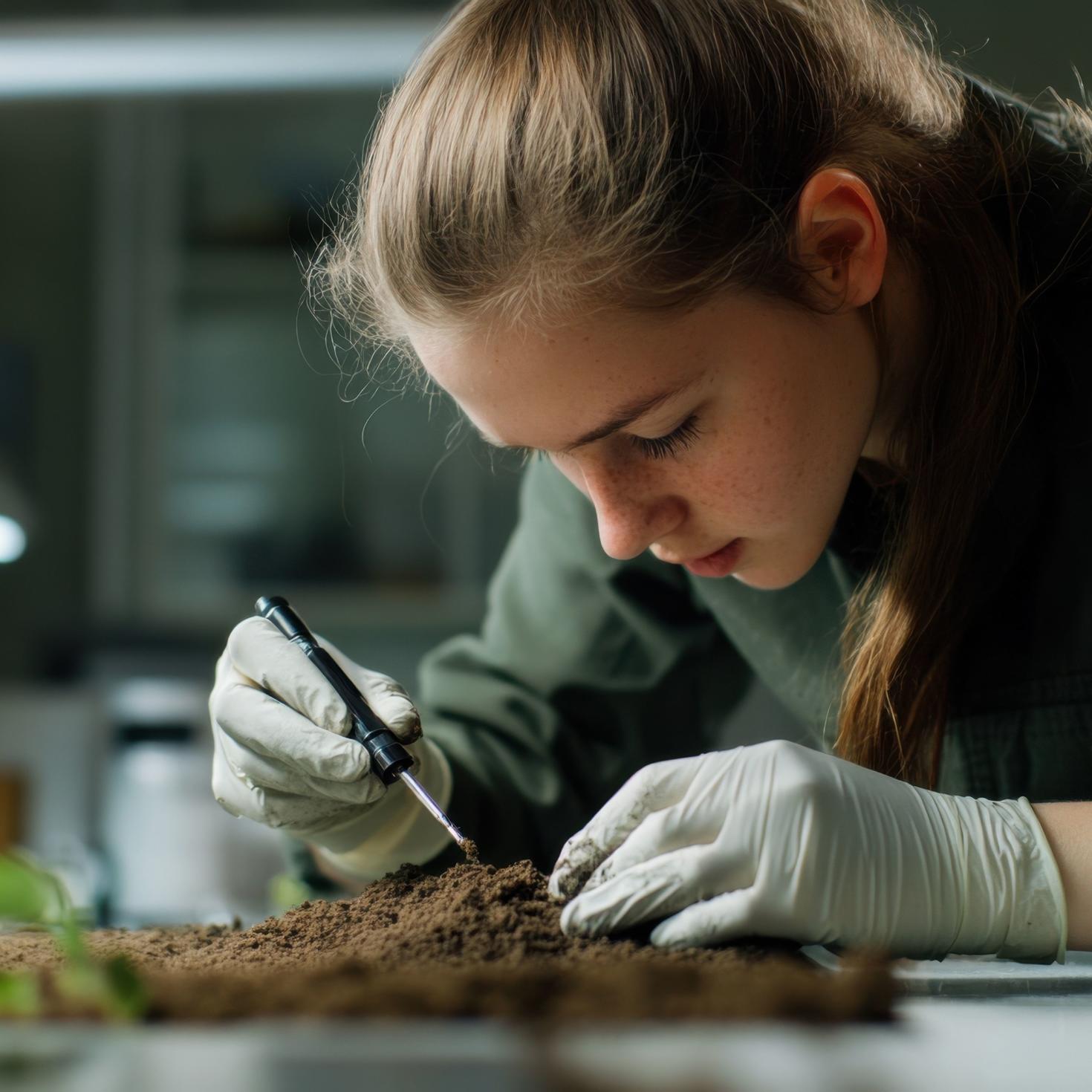 Une scientifique analysant un échantillon de terre dans un laboratoire