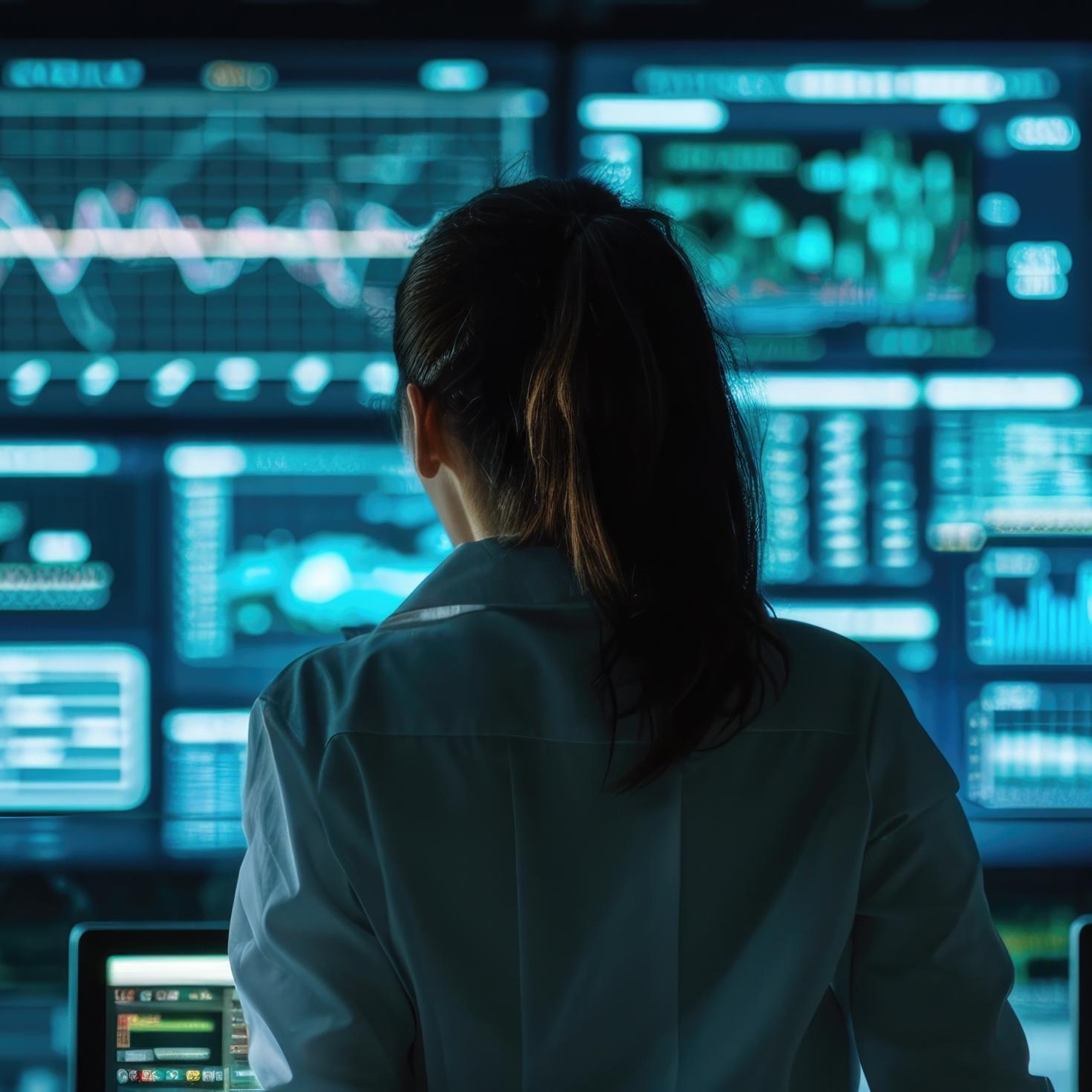 Une femme data scientist analysant des informations sur un grand écran numérique dans un bureau de surveillance.