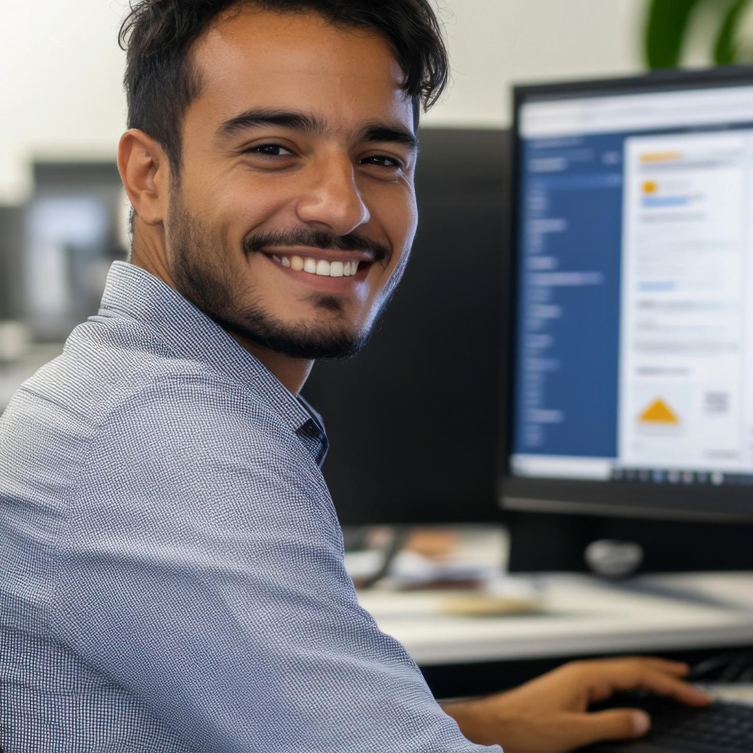 Étudiant souriant devant des écrans d'ordinateur démontrant des graphiques