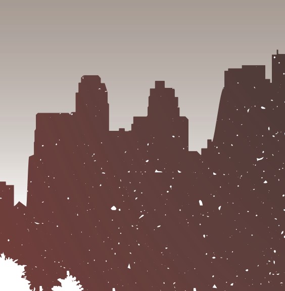 Brown silhouette of a city against a grey background