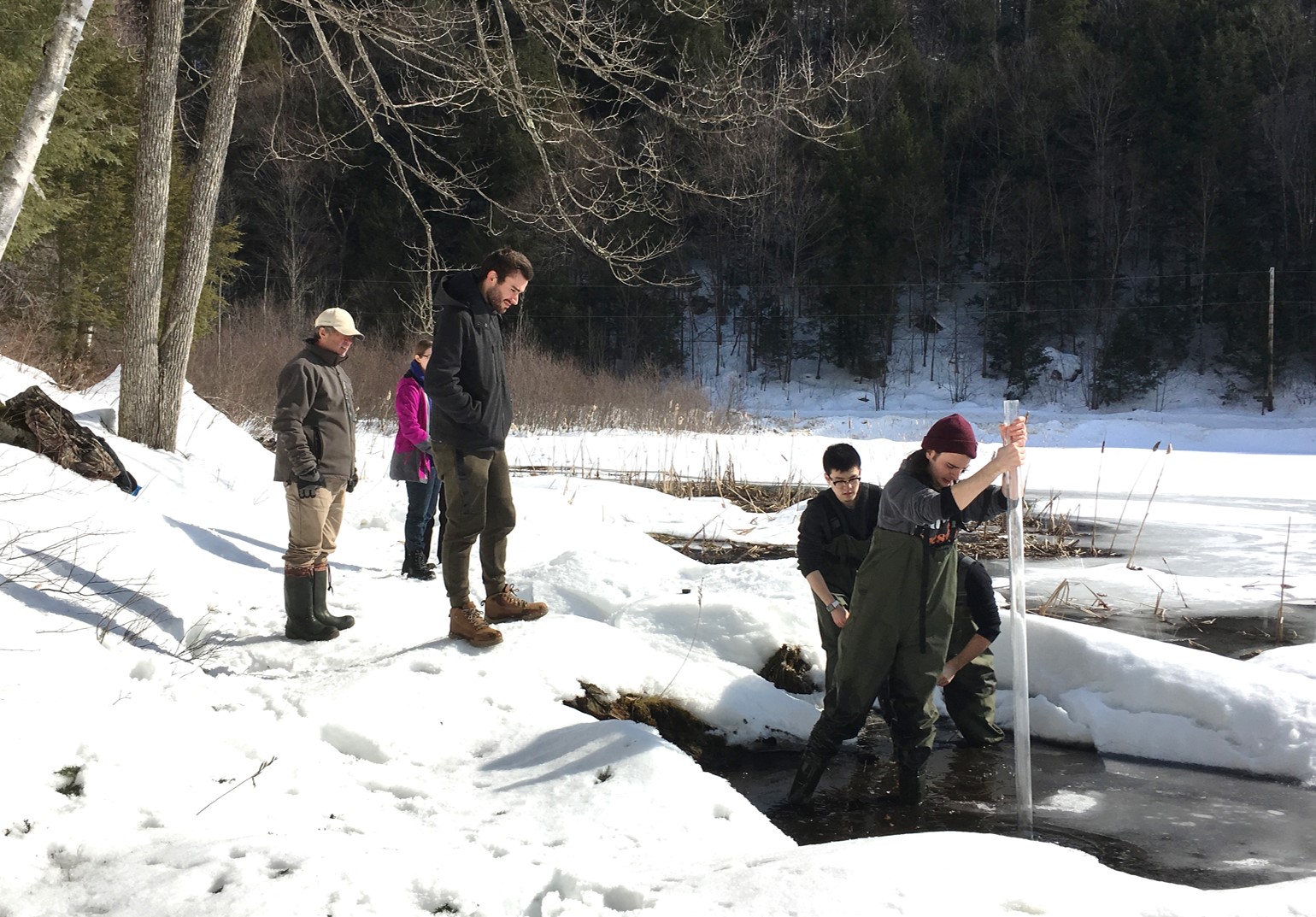 Students coring in a marsh in the winter