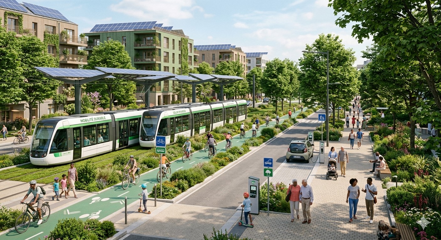 Green city, transport, roads, cycle paths and pedestrian areas.
