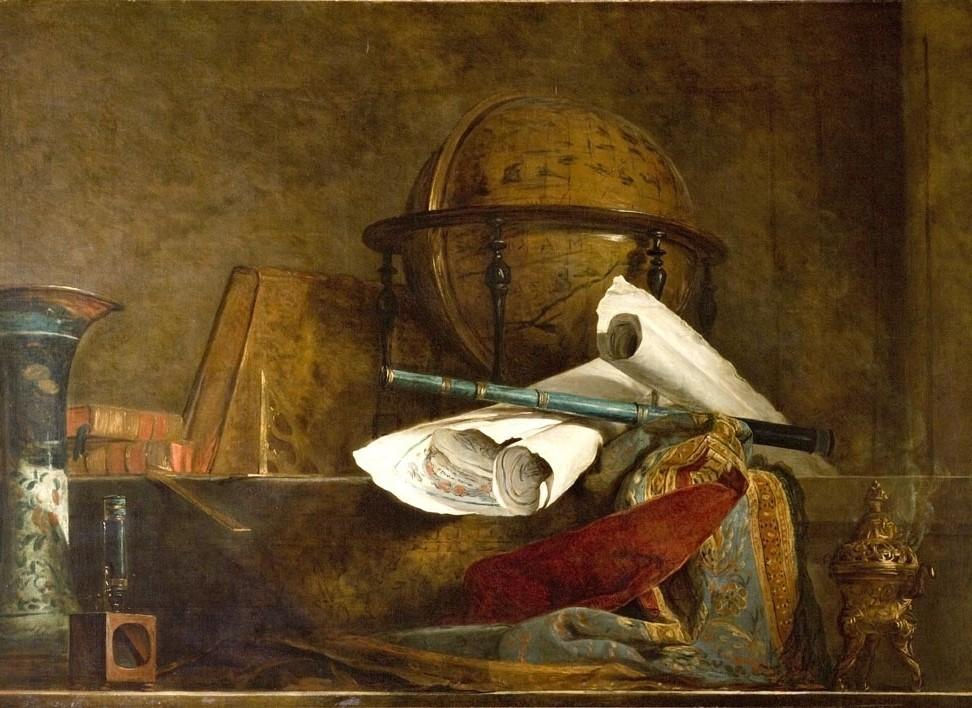Painting of a globe and papers