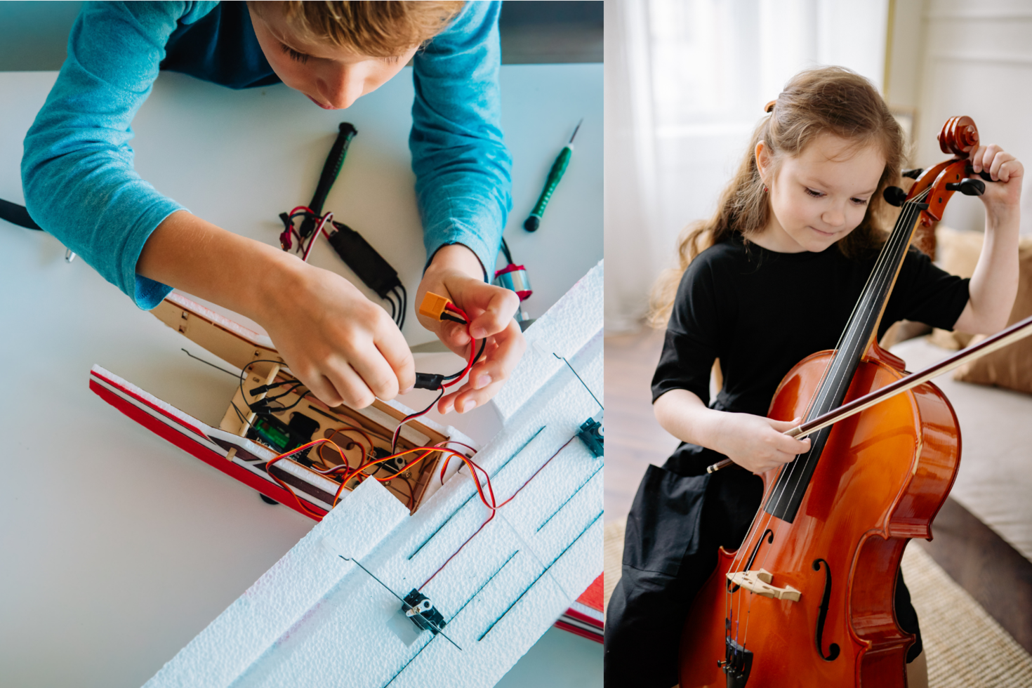 Kids play with circuits and practice a cello