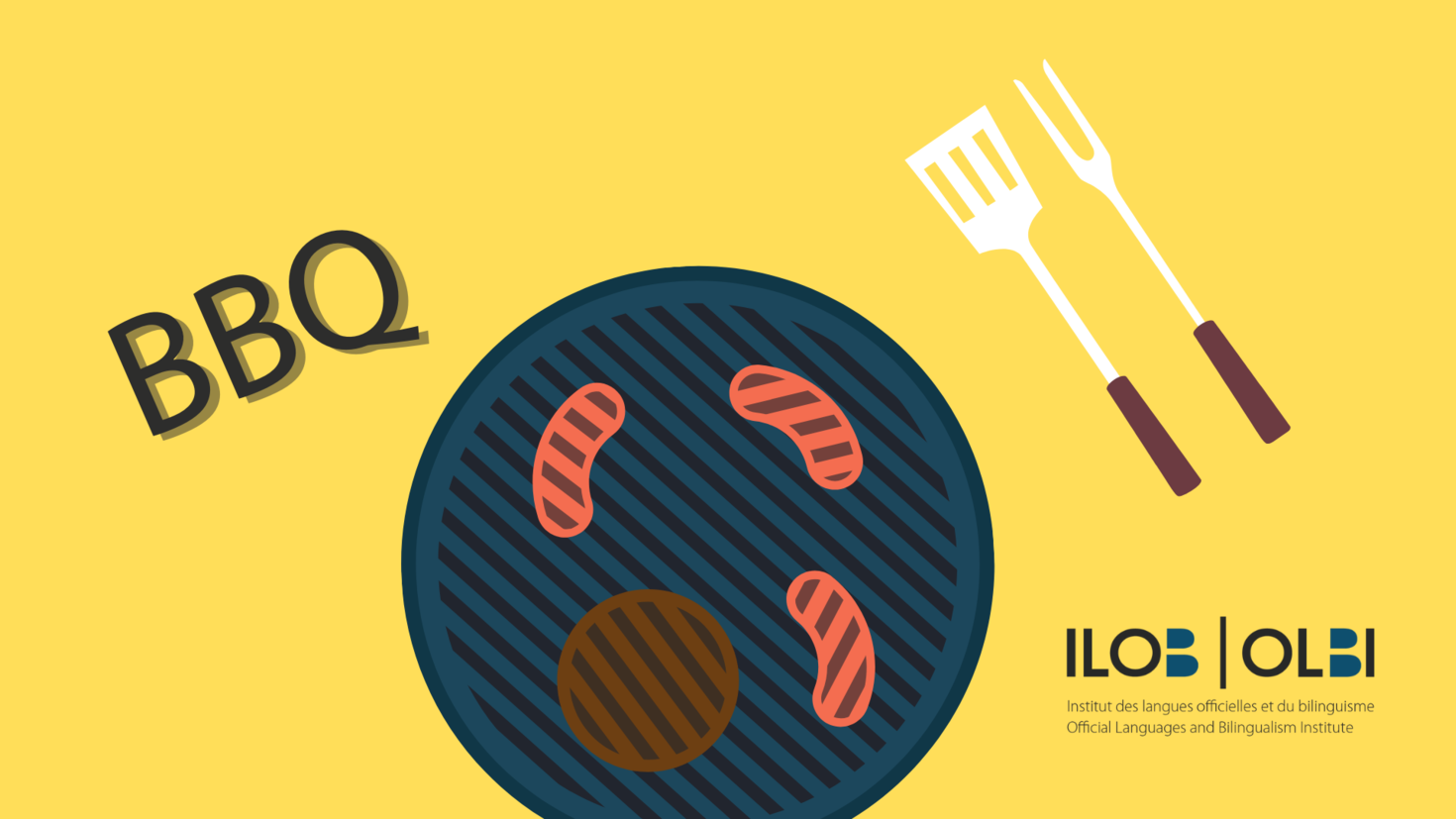 An illustration of a burger patty and hot dogs being grilled on a barbecue. Spatula. Official Languages and Bilingualism Institute logo in the bottom right corner.