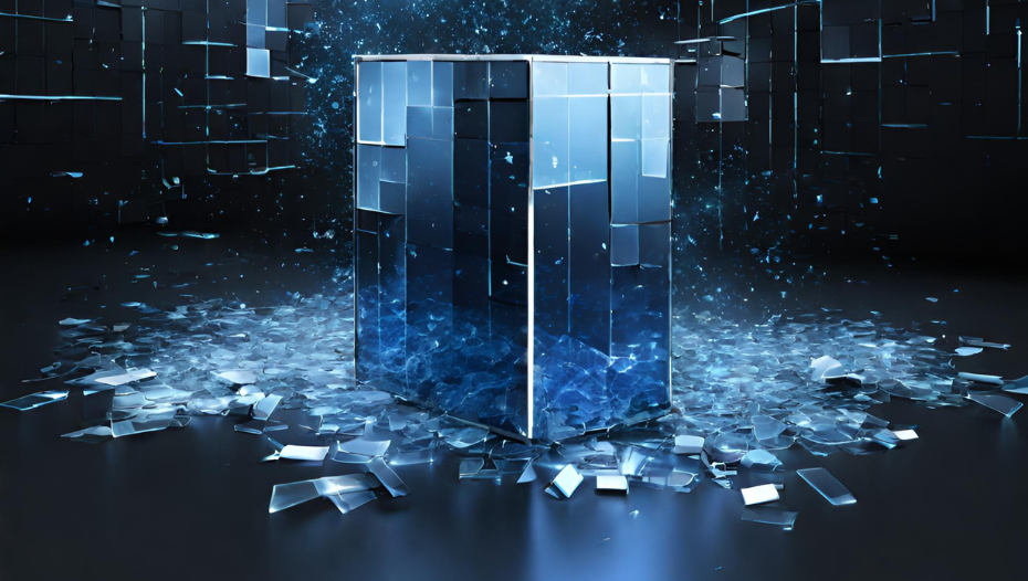 glass box on broken glass in dark room