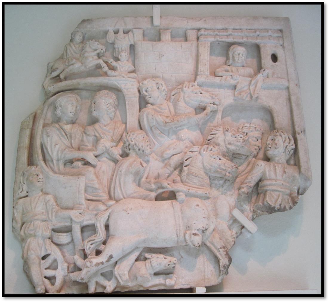 Relief of two noblewomen arriving at a fortified city (c. 300)/marble, Stockholm, National Museum, Sk 155.