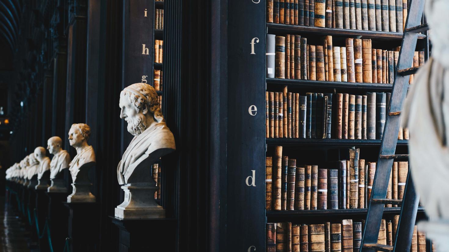 Statues in a dark library of old books