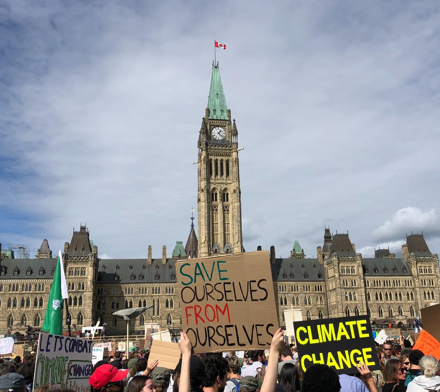 Demonstrators in front of Peace Tower
