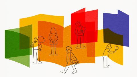 People with coloured squares