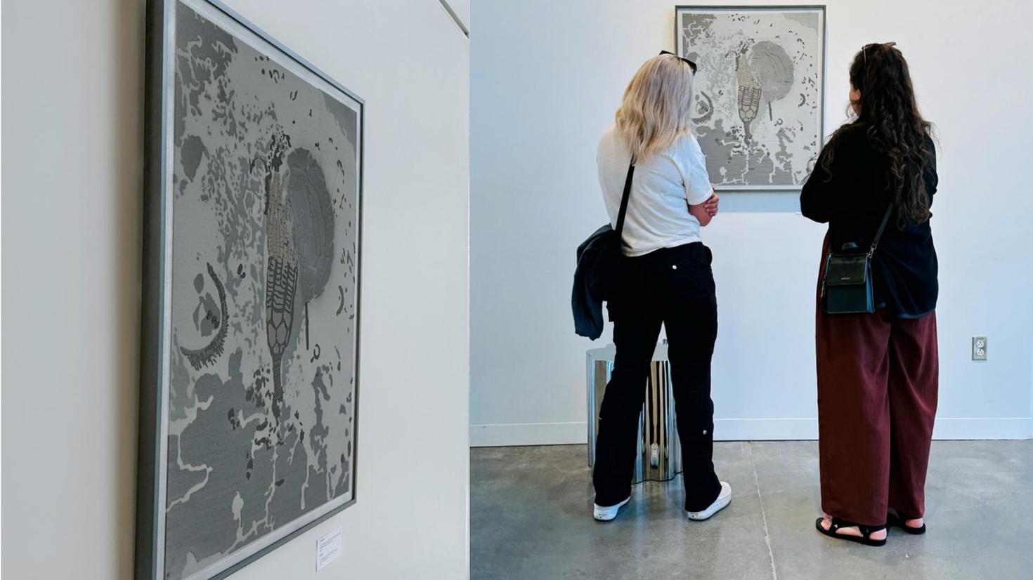 Collage of two photographs. On the left, a framed photograph of a fossil in gray and black tones. On the right, two women look at the art work in a gallery. 