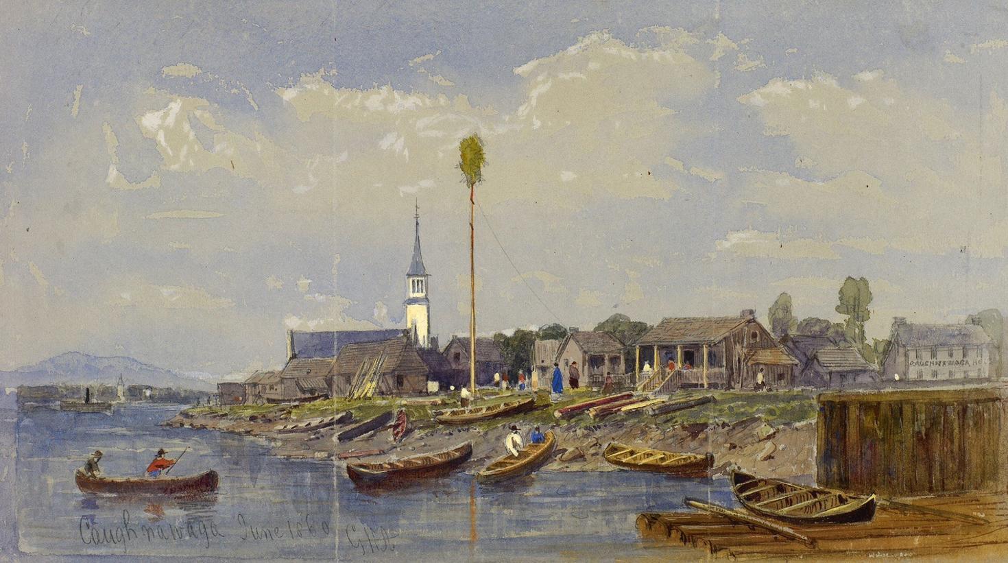 Painting of colonial scene of village by the water
