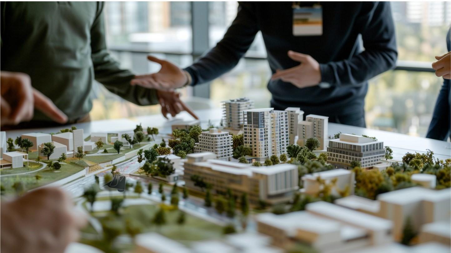 Urban area under construction with residential buildings, trees, and a car.