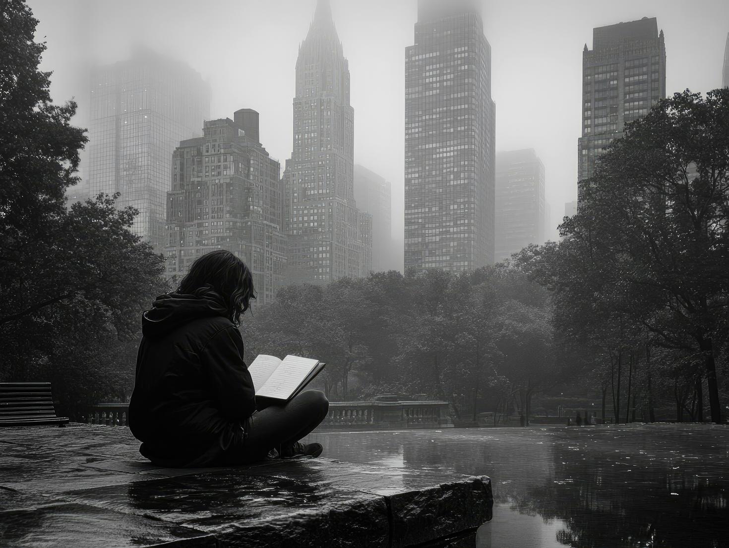 A woman reading a book by the lake