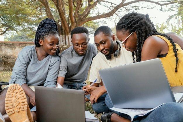 A group of students working