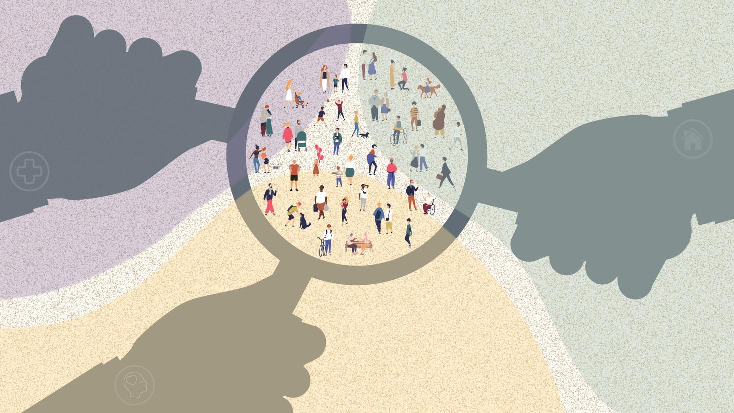 A group of people being examined by three hands holding magnifying glasses.
