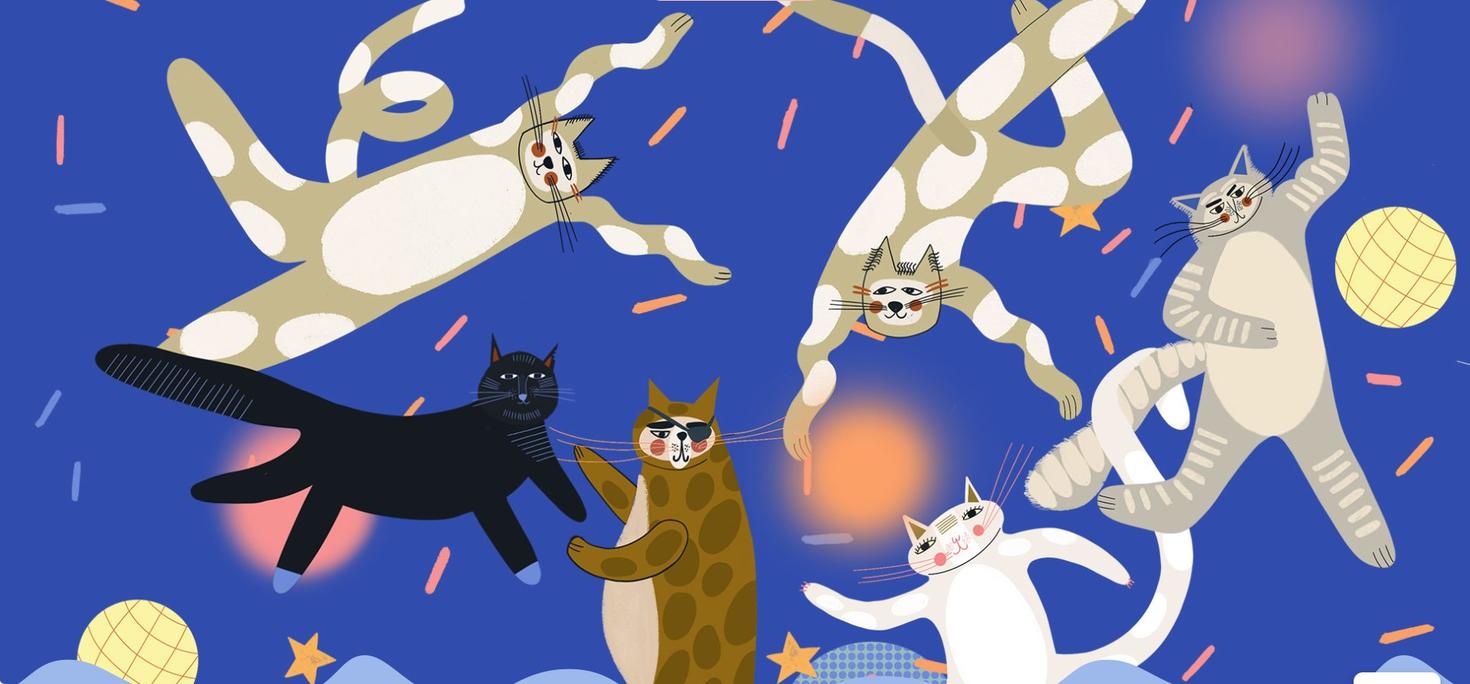 Illustration of cats in different positions on a blue background.