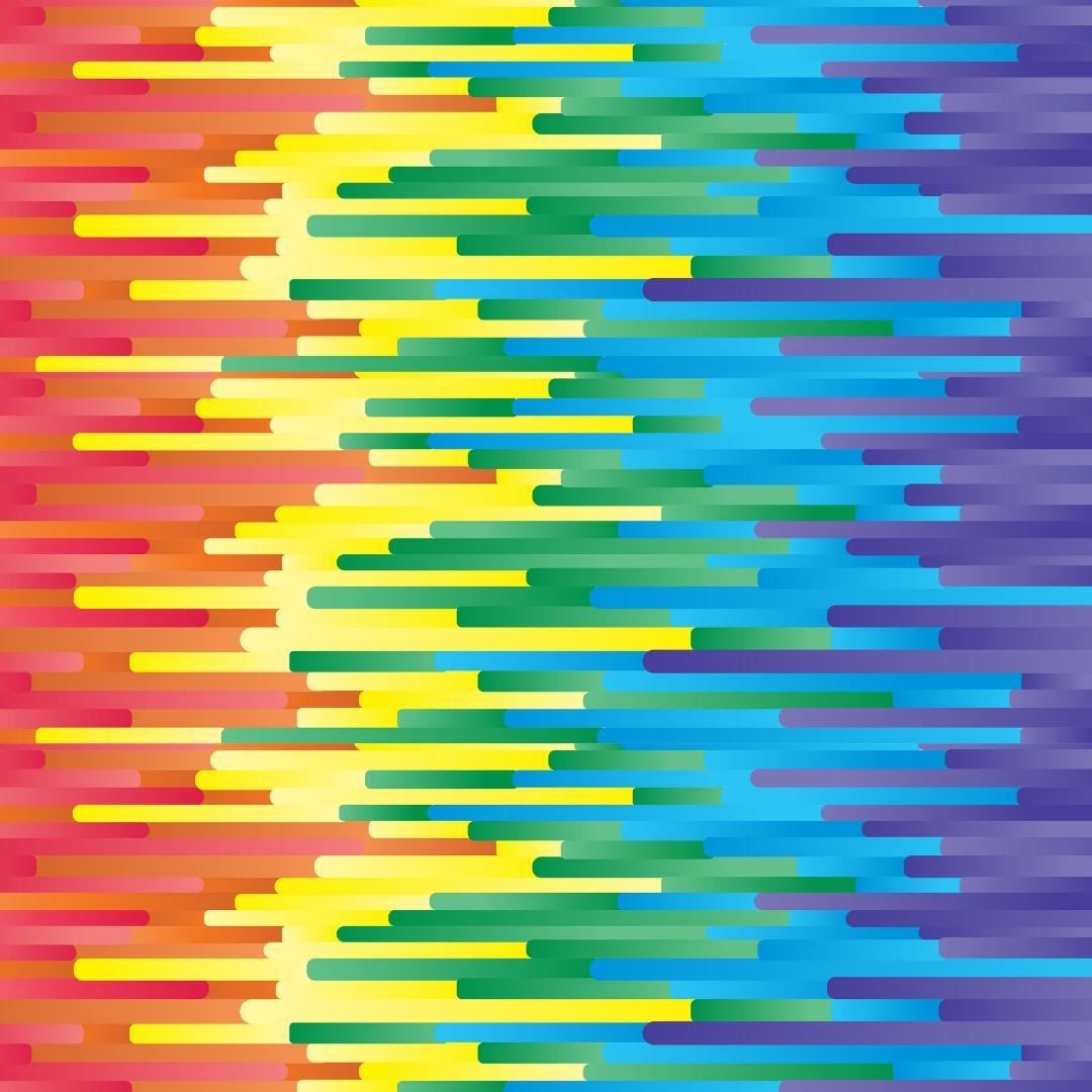 Pixelated rainbow colours.