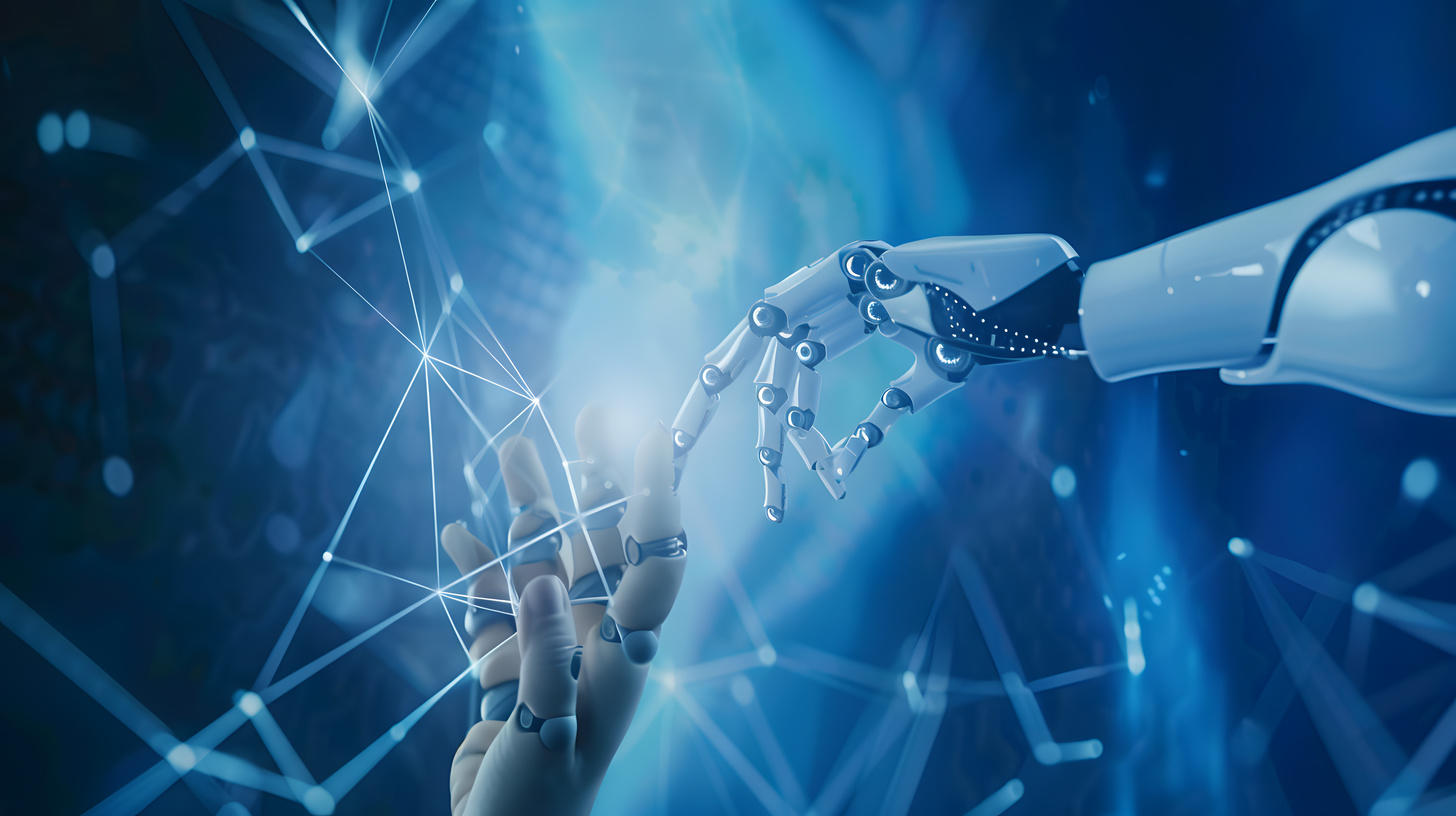 Robotic arms and symbolic connections representing AI
