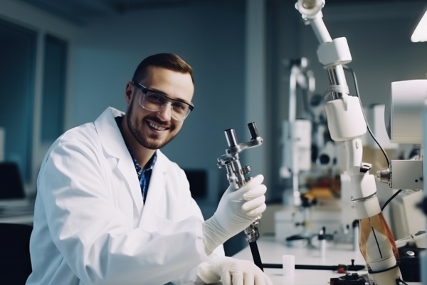 A smiling person holding lab equipment.