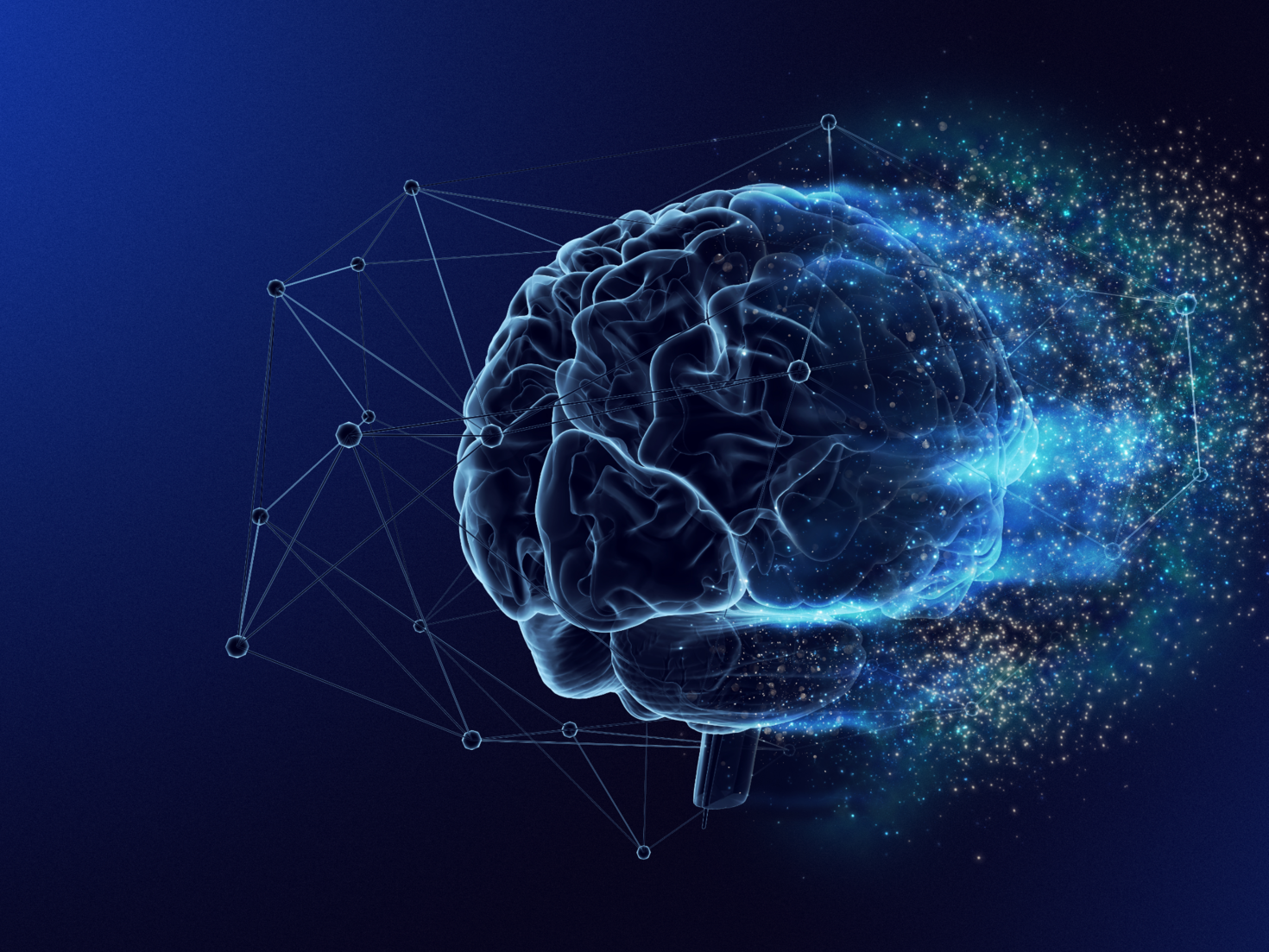 Illuminated brain with lights and connecting lines floating around.