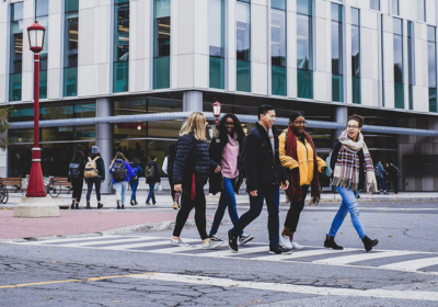 Students walking on campus.