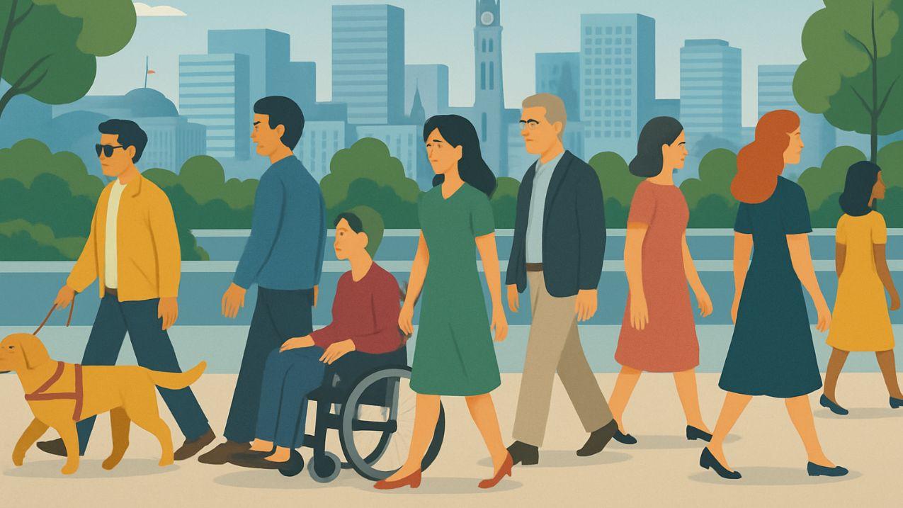 A diverse group of people walks across a pedestrian walkway in front of a cityscape, including a person using a wheelchair and another walking with a guide dog.