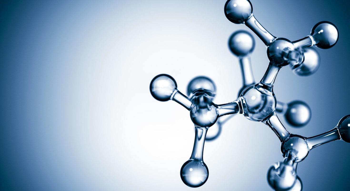 A high-contrast, 3D digital rendering of a complex molecular structure against a gradient blue and white background.